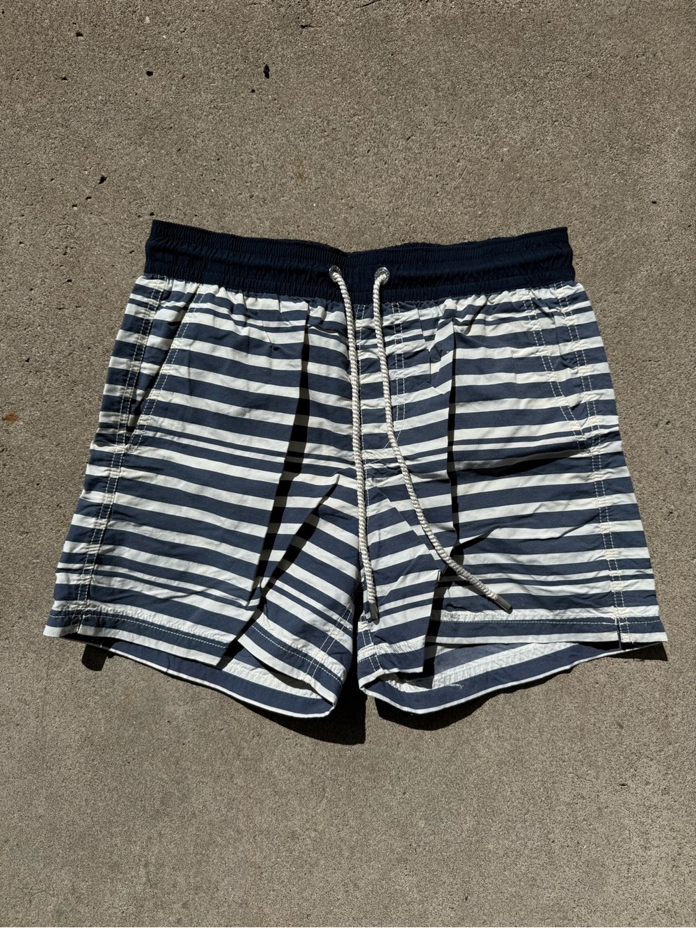 Atalaye Striped Navy and White Men's Swim Trunks with Drawstring Waist
